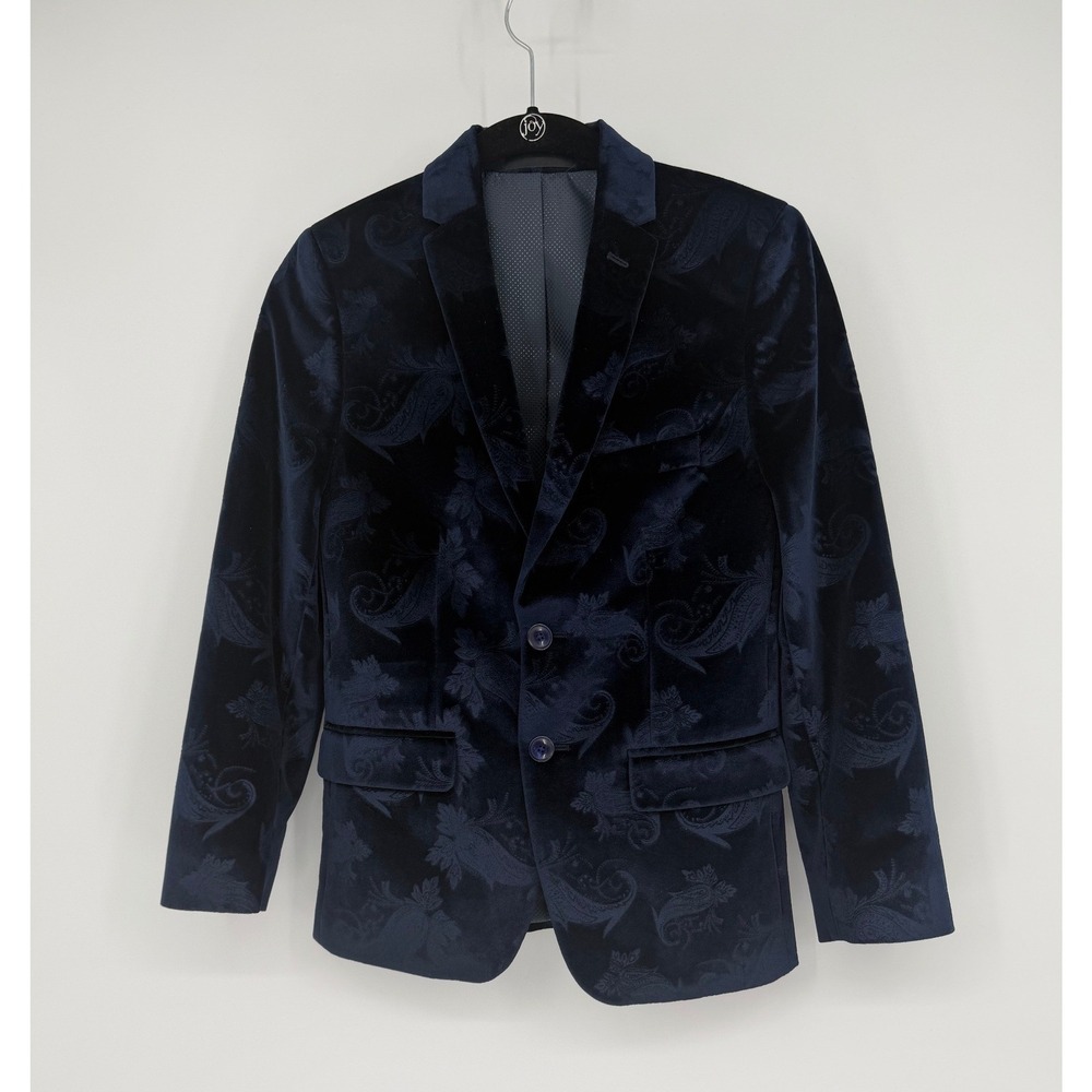 Kids Navy Blue Velvet Paisley Embossed Blazer Two Button Formal Suit Jacket